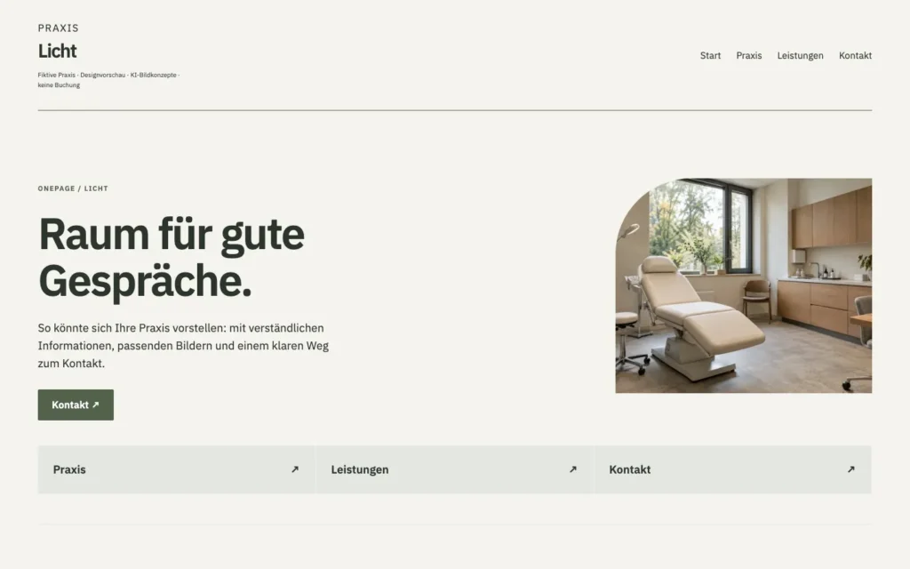 Designvorlage Licht: helle Startseite mit Praxisbild und Kontaktwegen